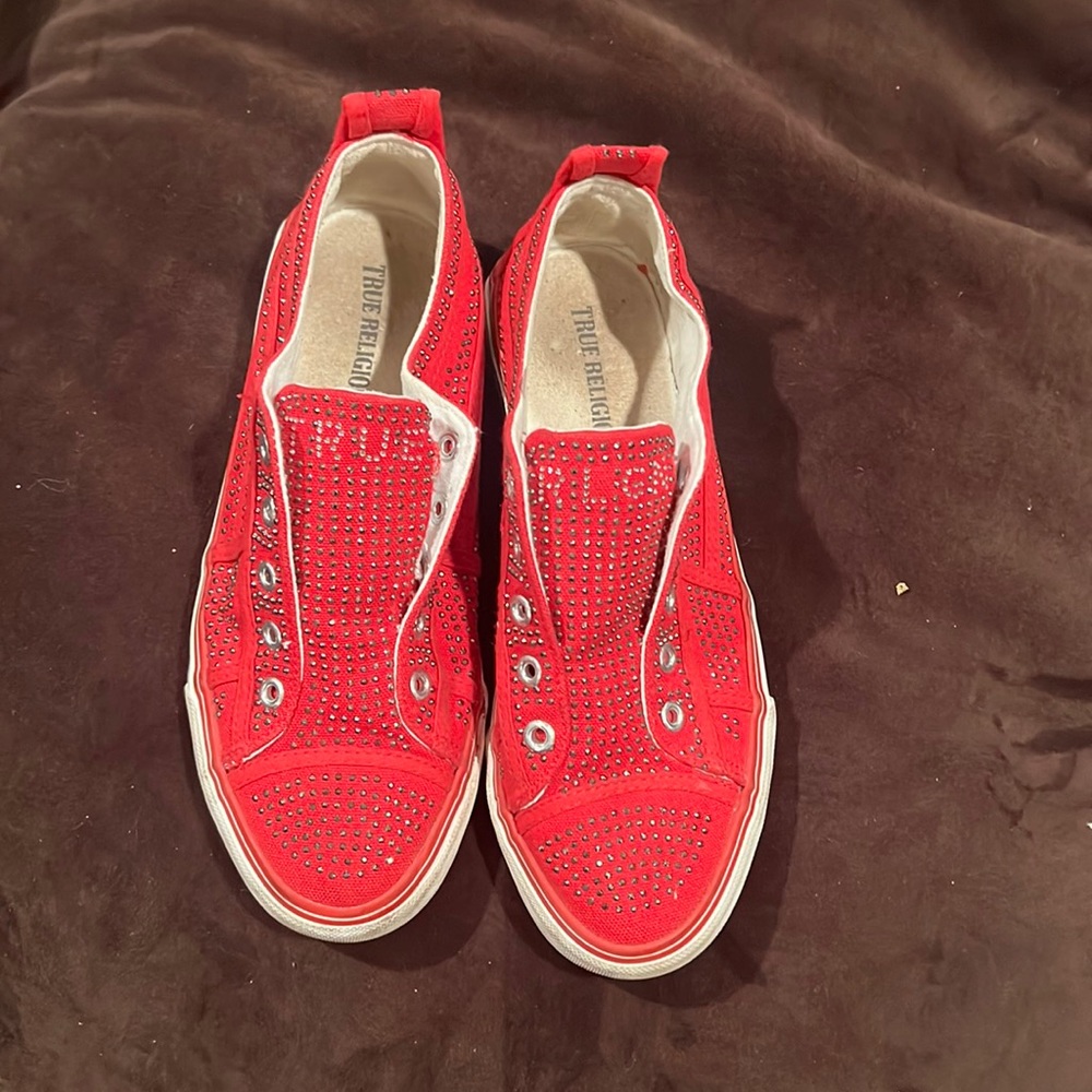 True religion slip on red sneakers with rhinestones